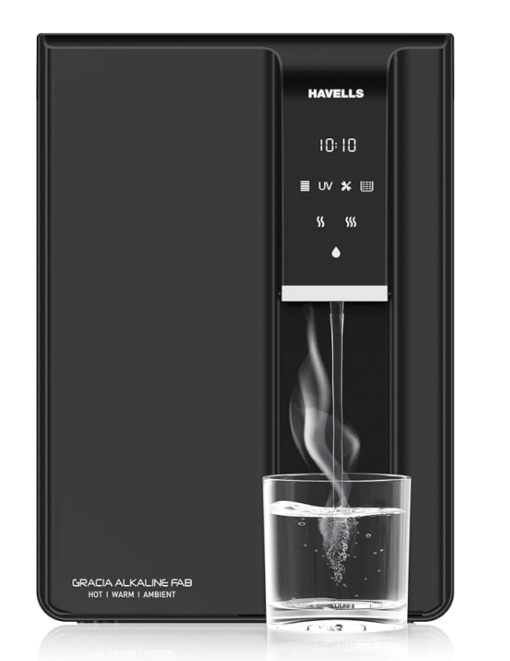 Havells Gracia FAB Alkaline Water Purifier (Black), RO+UV+Alkaline, Hot, Warm & Ambient Water, Copper+Zinc+Minerals, 8 Stage Purification, 6.5L SS Tank, Suitable for Borwell, Tanker & Municipal Water